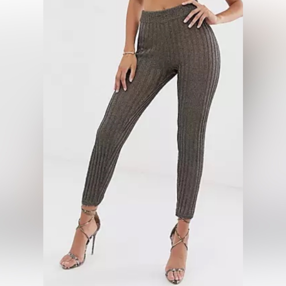 ASOS~NWT~Shiny Metallic Ribbed Knit Leggings~Wide Elastic Waistband~Size 6